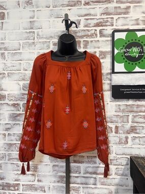 Savanna Jane Rust Orange Embroidered Peasant Blouse